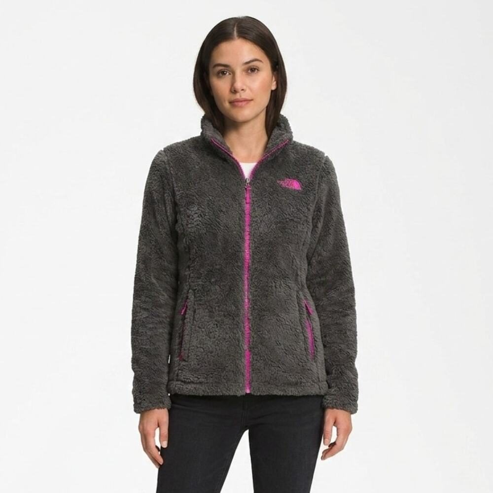 The North Face Osito Fleece Jacket Womens M Gray Pink Full Zip Long Sleeve Logo